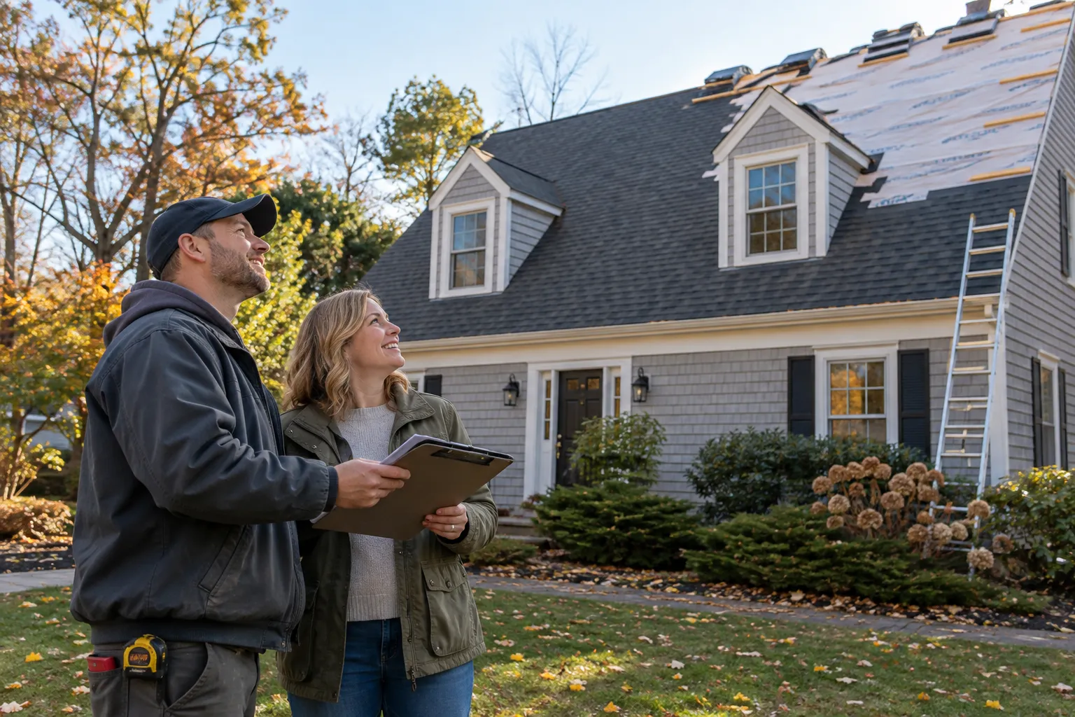 Independent roofing provider and homeowner reviewing a new roof estimate in front of a house in Woodbury